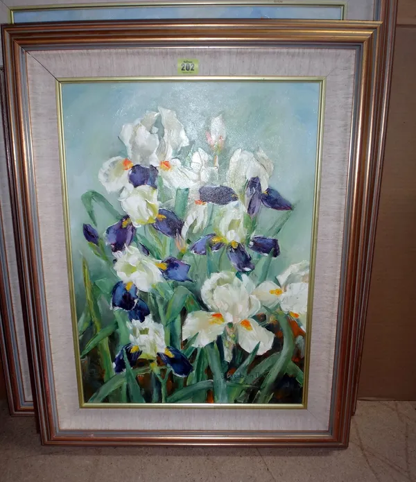 Elizabeth K Davis, Irises, oil on canvas, signed, 54 by 39cms; and two other floral paintings by the same artist (3)   A6.  Please note this lot is su