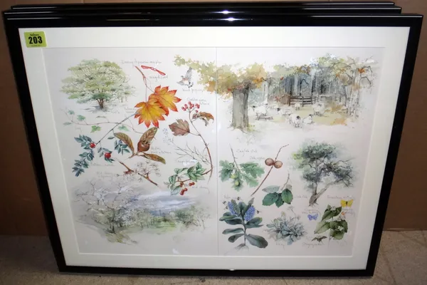 20th century British school, Flora and fauna studies with pastoral vignettes, pencil and watercolour, inscribed, 37 by 49.5cms; and two others similar