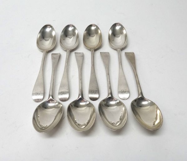 Eight late 18th century matching Scottish silver tablespoons, each initial engraved B, bottom marked Glasgow, possibly Robert Gray, circa 1780, combin