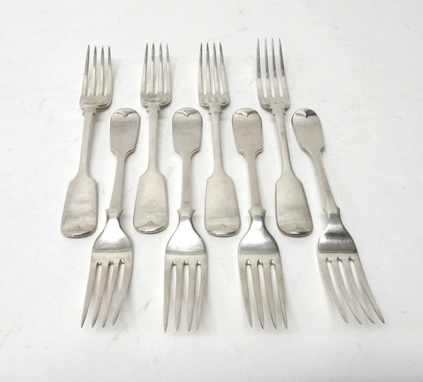 A set of six fiddle pattern dessert forks, London 1932 and two Victorian silver fiddle pattern dessert forks, London 1855, combined weight 407 gms, wi