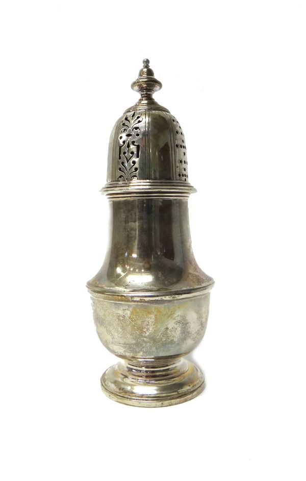 A silver sugar caster, of baluster form, raised on a circular foot, height 19.5cm, Sheffield 1907, weight 302 gms.