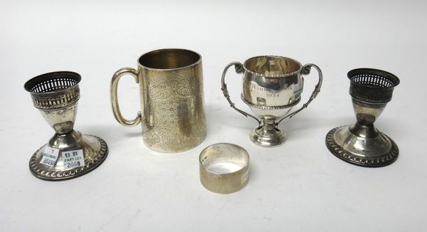 Silver and Sterling mounted wares, comprising; a Victorian Christening mug, of tapering cylindrical form, with feathered scroll engraved decoration, L