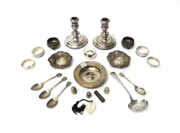 Silver and silver mounted wares, comprising; a pair of candlesticks, on circular bases, London 1959 (loaded), height 11cm, a circular Armada style dis