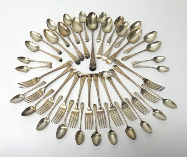 A George III silver Old English pattern part table service, comprising; ten dessert spoons, ten teaspoons, six tablespoons and a basting spoon, all Lo