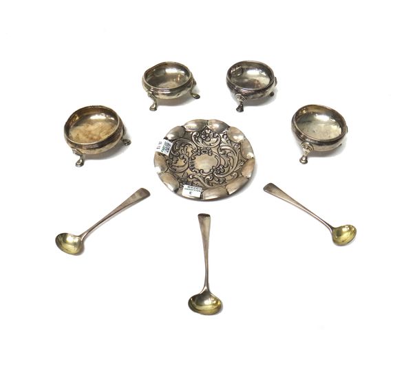 Silver, comprising; two pairs of 18th century salts, each of circular form and raised on three hoof shaped feet, one pair London 1757, the other pair