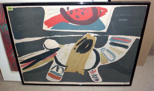 Pierre Celice (French, 1932 -), Atelier 5, lithograph, signed, faintly inscribed, numbered 38/75, 54.5 by 78cms; and four other prints; Tessa Beaver (