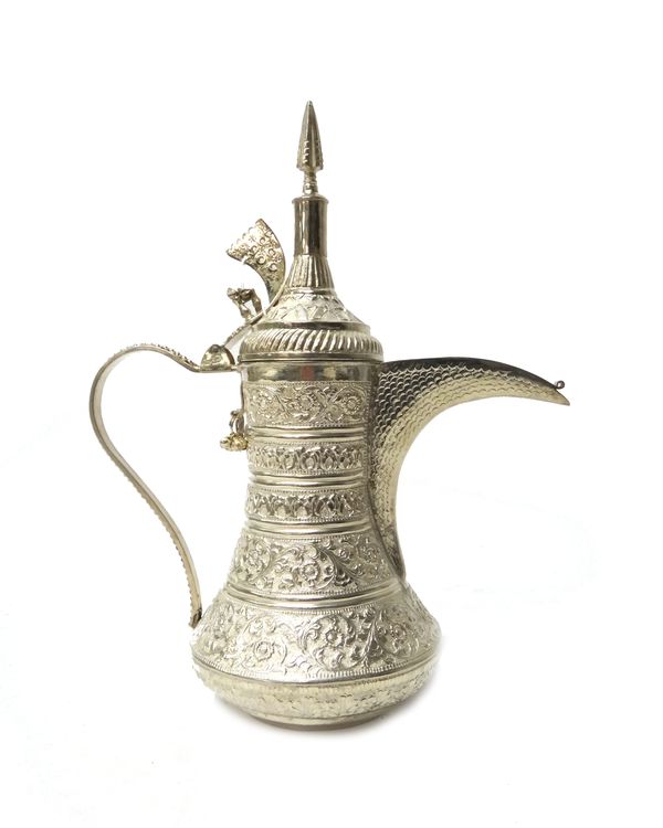 A Persian coffee pot, of baluster form, decorated with embossed bands and with pendant beads beneath the hinged lid, height 33cm.