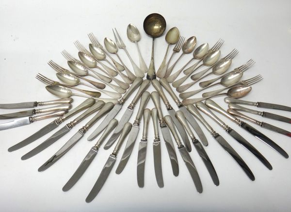 An Austrian part table service of flatware, comprising; twelve tablespoons, ten table forks, a soup ladle, a pair of servers and another serving spoon