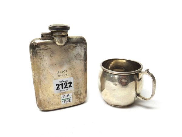 A foreign spirit flask, of curved rectangular form, engraved Alice 5-5-44, detailed WB SIL and a silver christening mug, with a 'C' shaped handle, eng