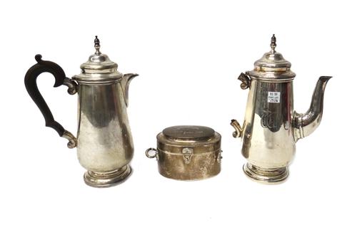 An Indian two piece cafe au lait set, probably Calcutta, detailed Sterling, each piece of tapered form, (the composition handle to the coffee pot deta