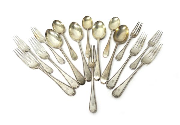 A silver double struck bead edged Old English pattern part table service, comprising; four table forks, four tablespoons, five dessert forks and three