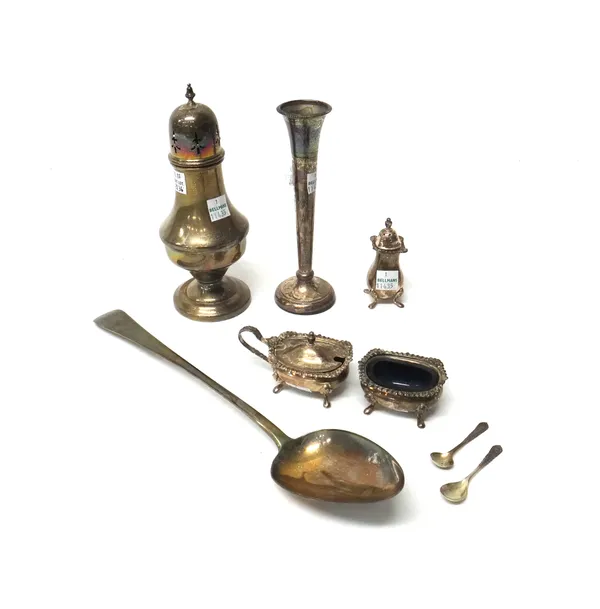Silver and silver mounted wares, comprising; an Old English pattern stuffing spoon, London 1807, a sugar caster, Birmingham 1973, a three piece condim