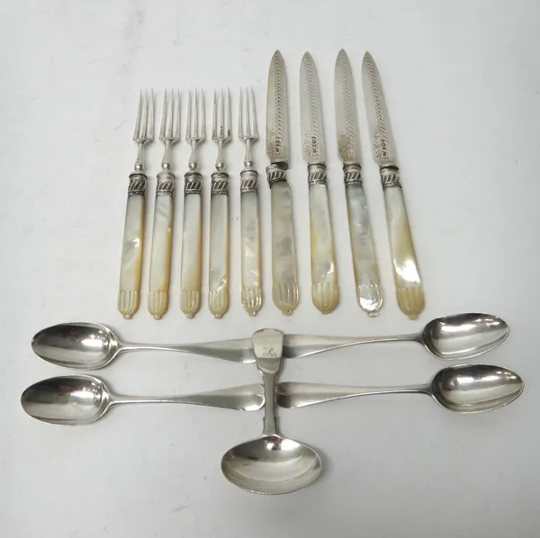 Four matching silver bottom marked Hanoverian pattern picture back teaspoons, each decorated with a hen with chicks to the back of the bowl and engrav