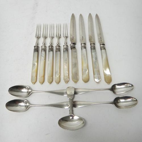 Four matching silver bottom marked Hanoverian pattern picture back teaspoons, each decorated with a hen with chicks to the back of the bowl and engrav