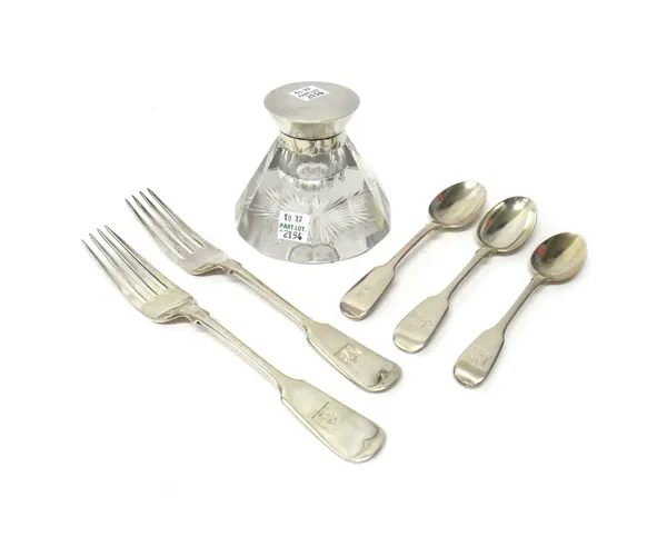 Silver and silver mounted wares, comprising; a faceted glass inkwell, of tapering circular form, London 1898, two fiddle pattern forks and three fiddl