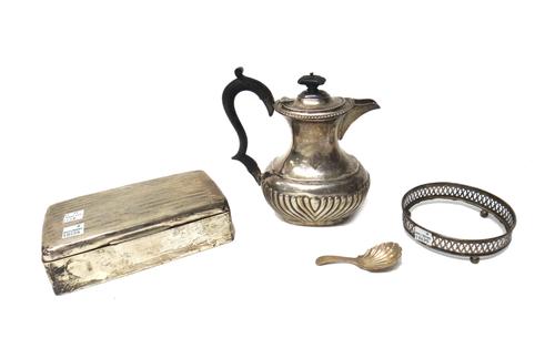 Silver, comprising; a silver hot water jug, of baluster form, with partly fluted embossed decoration, a rectangular silver mounted cigarette box, with