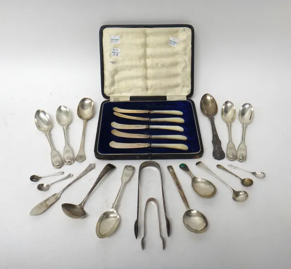 Silver flatware, comprising; five silver bladed tea knives, having mother of pearl handles, Sheffield 1922, cased, five double struck fiddle, thread a