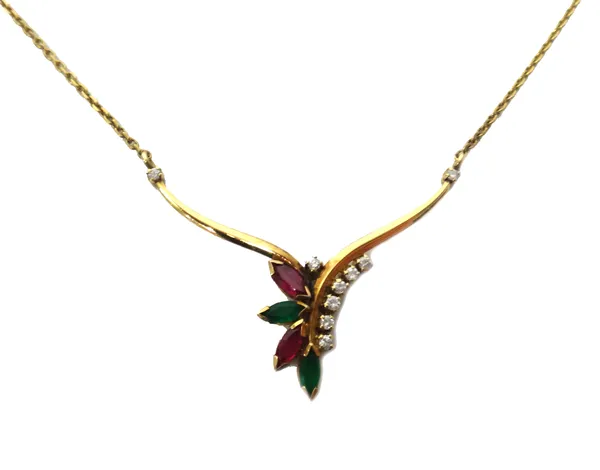 A 9ct gold, diamond, emerald and ruby pendant necklace, the front in a curved 'V' shaped design, mounted with two marquise shaped emeralds, two marqui
