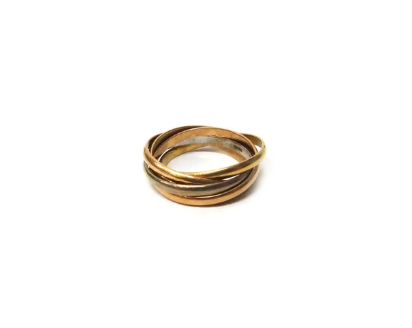 An 18ct three colour gold, five band Russian style wedding ring, detailed 18 K 750, ring size K and a half, gross weight 6 gms.