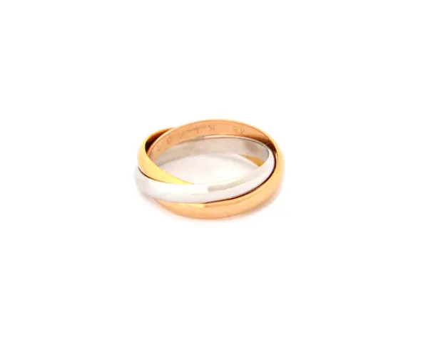 A Cartier three colour gold Russian style wedding ring, detailed 750 Cartier 48, ring size I and a half, weight 4.5 gms.  Illustrated
