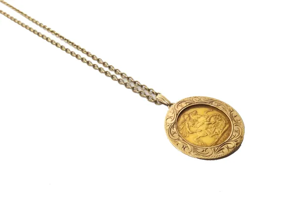A George V sovereign 1913, in a 9ct gold pendant mount, with engraved decoration, with a 9ct gold oval link neckchain, on a boltring clasp, combined w