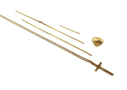 A 9ct gold oval signet ring, ring size L, a 9ct gold flat link neckchain, (split into three pieces) and a 9ct gold pendant cross, with engraved decora