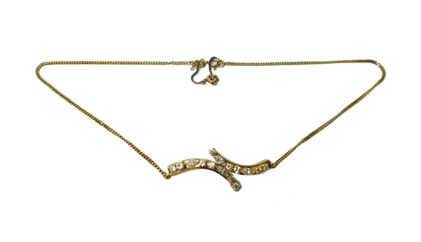 A gold and diamond necklace, the front in a twin curved, twist bar link design, mounted with four marquise diamonds and with eleven circular cut diamo