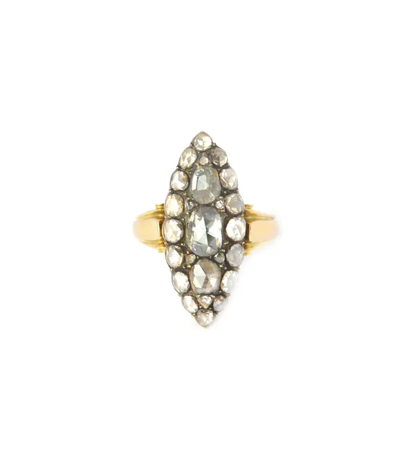 A gold and diamond set marquise shaped cluster ring, mounted with the three principle rose cut diamonds to the centre, within a border of rose cut dia