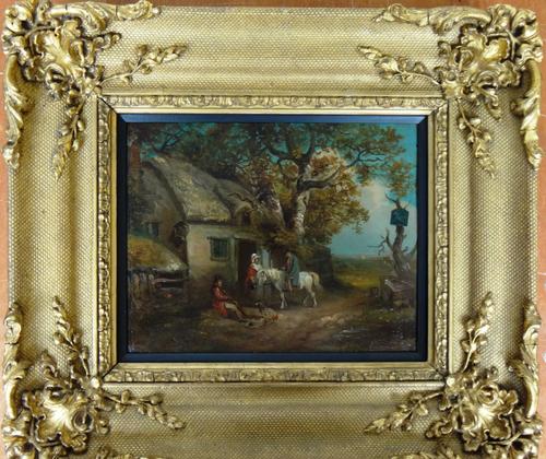 Follower of George Morland, Figures before an inn, oil on board, 19.5cm x 24.5cm.   F11
