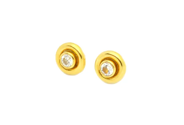 A pair of 18ct gold and diamond set single stone earstuds, each collet set with a circular cut diamond, the backs with post and butterfly clip fitting