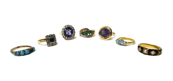 A Victorian 18ct gold, diamond and half pearl set and black enamelled mourning ring, detailed In Memory Of, Birmingham 1896, an 18ct gold, blue zircon