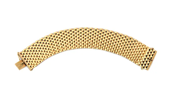 A 9ct gold bracelet, in a wide multiple row oval link design, on a snap clasp, Birmingham 1958, length 18cm, weight 52 gms.  Illustrated