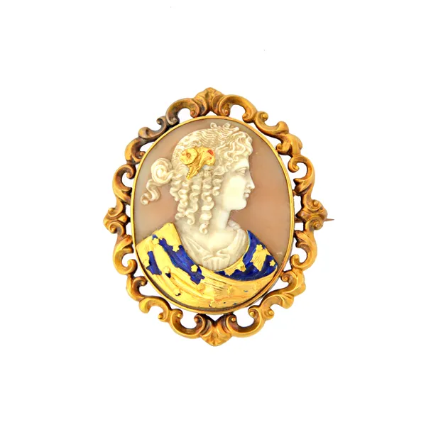 A Victorian gold and enamel mounted oval shell cameo brooch, carved as the portrait of a lady, her clothing with traces of blue enamelled decoration,