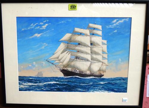 William McDowell (1888-1950), A clipper in full sail, watercolour, signed, 29cm x 43cm.; together with a book 'The Shape of Ships' by William McDowell