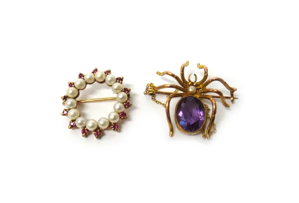 A gold, amethyst and pearl brooch, designed as a spider, the body mounted with an oval cut amethyst, detailed 9 and a 9ct gold, cultured pearl and rub