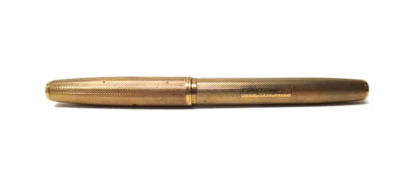 A 9ct gold cased Watermans fountain pen, with a signed gold nib, detailed 14 CT, the exterior of the pen engine turned and engraved P.H. Rowson, Londo