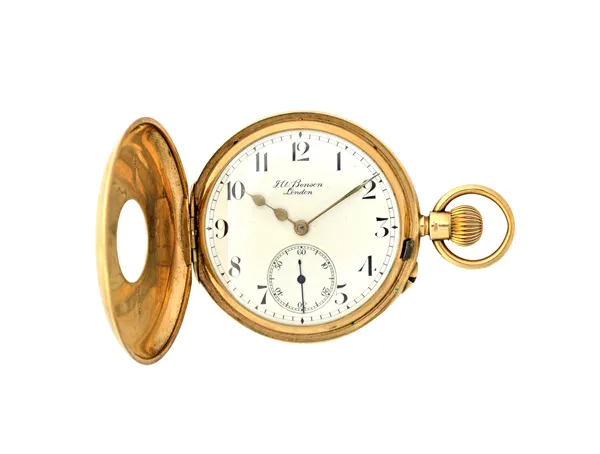 A gentleman's 9ct gold cased keyless wind, half hunting cased pocket watch, the gilt three quarter plate lever movement detailed J.W. Benson, Ludgate