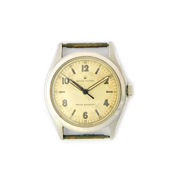 A Rolex Oyster gentleman's steel cased wristwatch, the signed silvered dial with Arabic numerals, alternating with baton shaped numerals and with cent