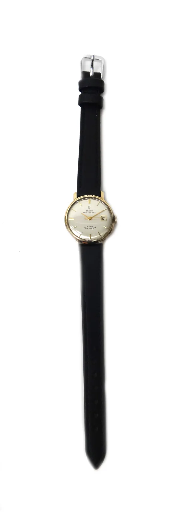 A lady's 9ct gold circular cased Tudor Princess-Date automatic wristwatch, the signed circular silvered dial with gilt baton shaped numerals, centre s