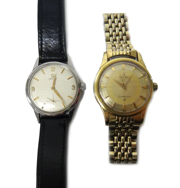 A gentleman's gilt metal and steel Omega Constellation Automatic bracelet wristwatch, the signed dial with gilt arrow shaped numerals and with centre