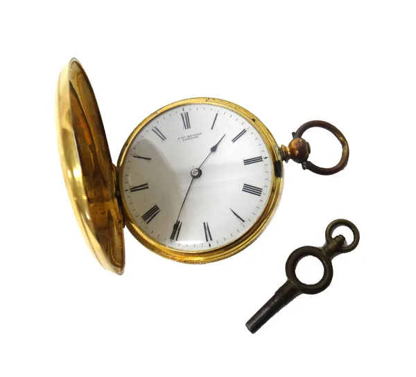 A gold hunting cased, key wind fob watch, with a gilt cylinder movement, detailed J.W. Benson, London, gilt metal inner case, the gold outer cases unm