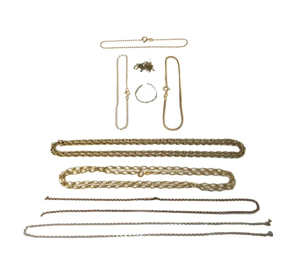 Mostly 9ct gold jewellery, comprising; a multiple link neckchain, on a boltring clasp, an oval and twist link neckchain, on a boltring clasp, three fu