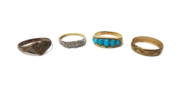 A gold and turquoise set five stone ring, mounted with a row of graduated oval turquoise, a gold and platinum, diamond set three stone ring, a 9ct gol