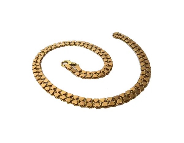 A gold necklace, in a heart shaped link design, detailed 585, with a sprung hook shaped clasp, weight 13.6 gms.