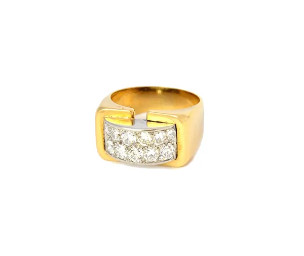 A gold and diamond set cocktail style ring, mounted with two rows of circular cut diamonds, in a curved design, circa 1950, ring size M and a half, wi