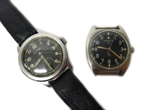 A gentleman's M.O.D issue steel cased Cyma wristwatch, the signed black dial with white Arabic numerals, subsidiary seconds and with luminous hands, d