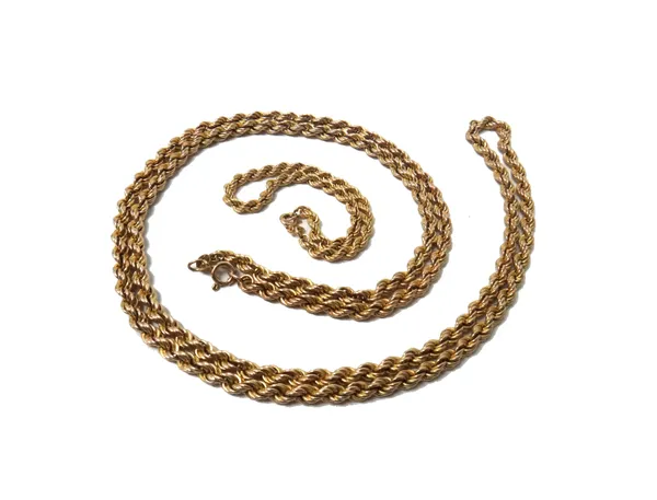 A 9ct gold ropetwist link neckchain, length 82cm, on a boltring clasp and a 9ct gold bracelet, in a similar ropetwist link design, on a boltring clasp