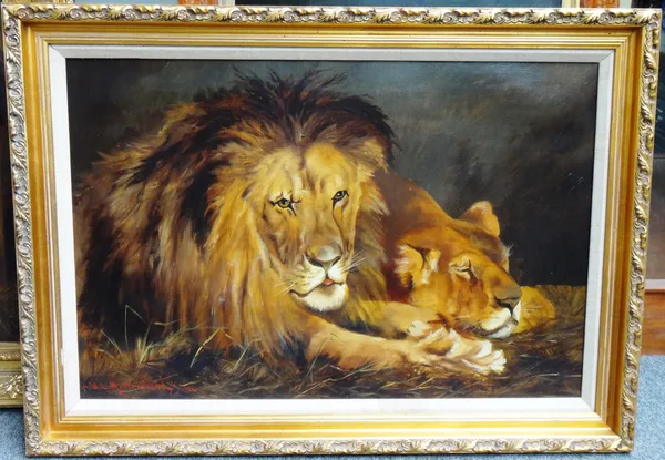 W. L. Mottershead, after Geza Vastagh, Lions in repose, oil on canvas, signed and dated 1902, 49cm x 74cm.  G12