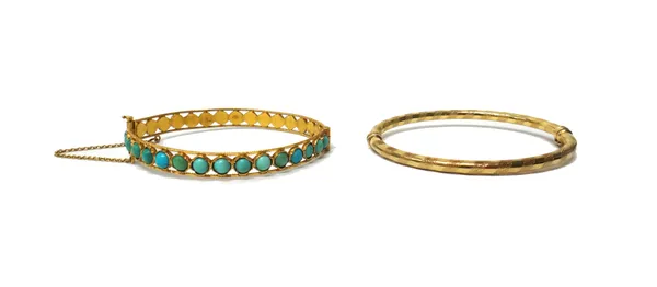 A Middle Eastern gold and turquoise set oval hinged bangle, fitted with a safety chain, gross weight 14.4 gms and a 9ct gold oval hinged sprung bangle