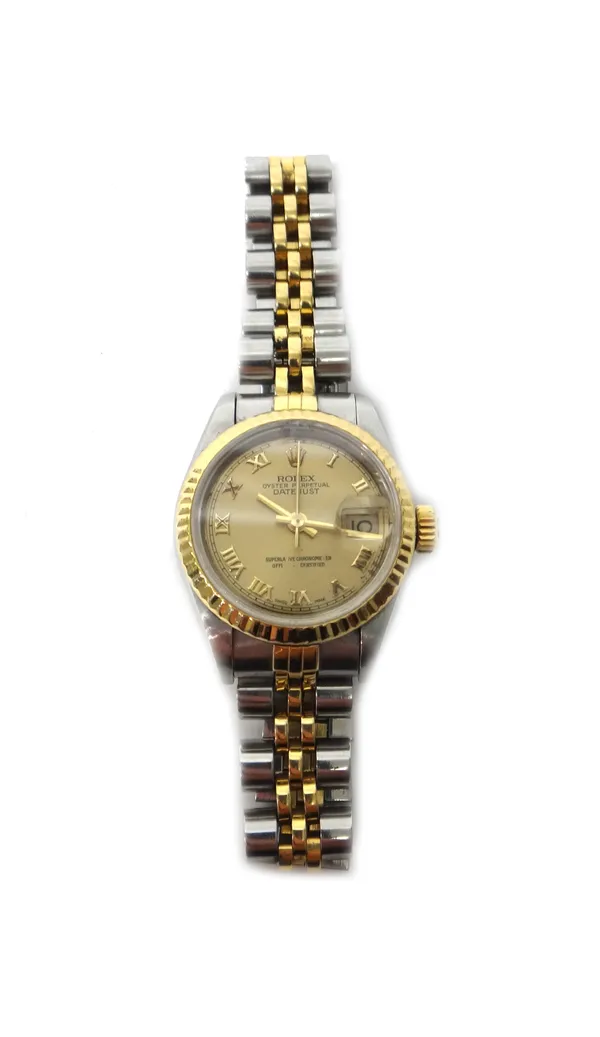 A lady's steel and gold Rolex Oyster Perpetual Datejust bracelet wristwatch, the signed circular gilt dial with gilt Roman numerals, date of the month